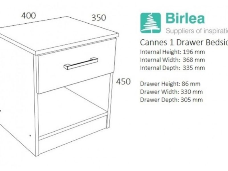 Birlea Cannes 1 Drawer Bedside Table Oak and White