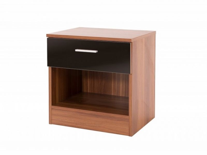 GFW Ottawa 1 Drawer Bedside in Walnut and Black Gloss