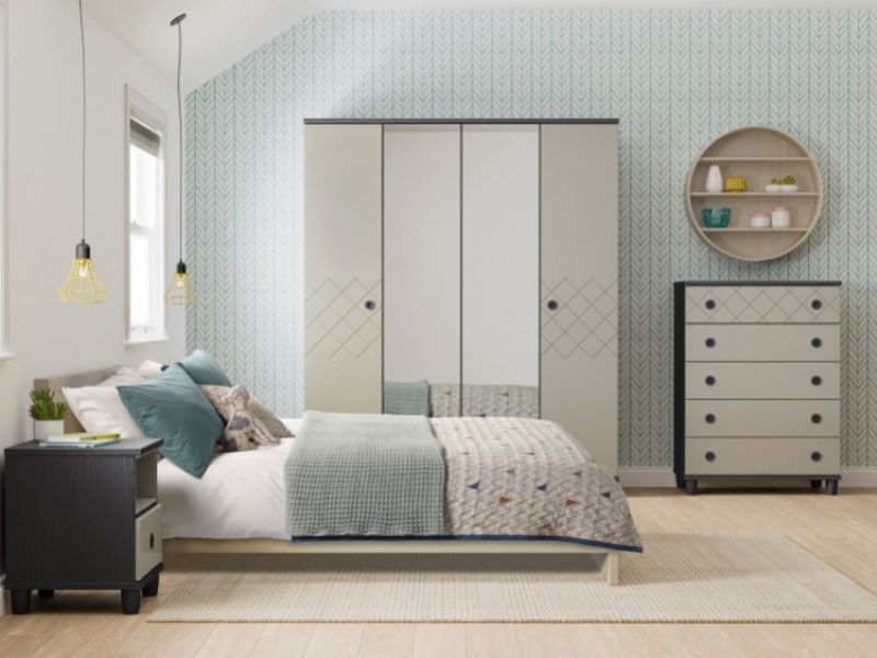 KT Geo Soft Grey And Black 4 Door Mirrored Wardrobe