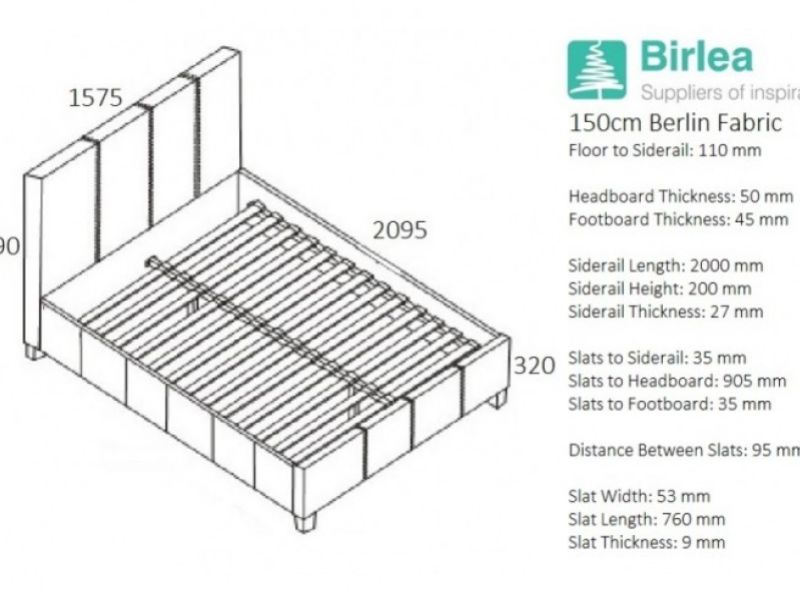 Birlea Berlin 5ft Kingsize Grey Check Fabric Bed Frame