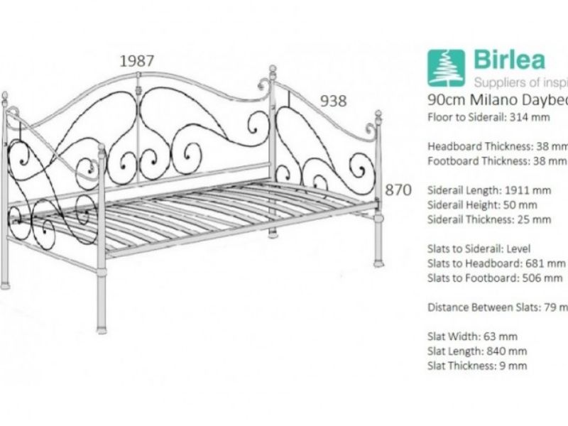 Birlea Milano 3ft Single Black Metal Day Bed