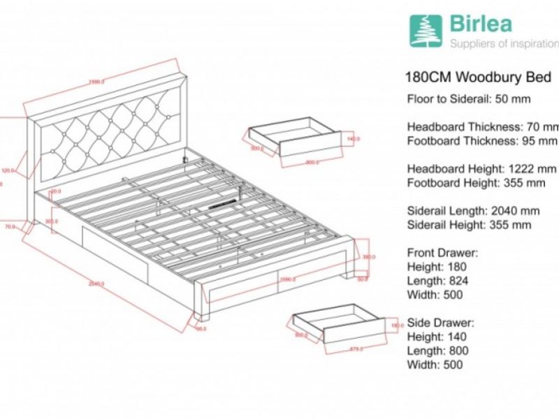 Birlea Woodbury 6ft Super Kingsize Black Velvet Fabric Bed Frame With 4 Drawers
