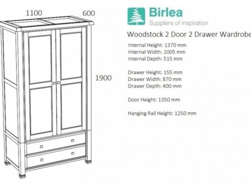 Birlea Woodstock 2 Door 2 Drawer Oak Wardrobe