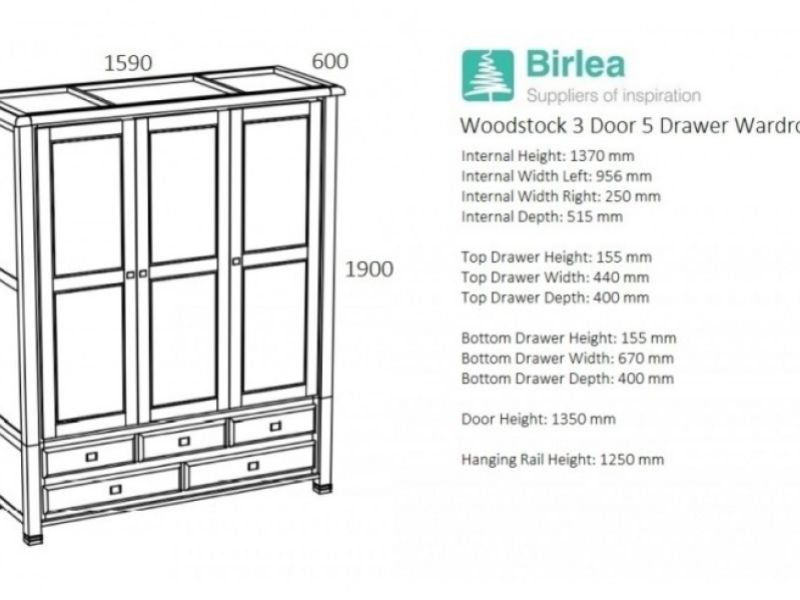 Birlea Woodstock 3 Door 5 Drawer Oak Wardrobe