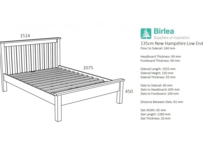 Birlea New Hampshire 4ft6 Double Grey Wooden Bed Frame With Low Footend