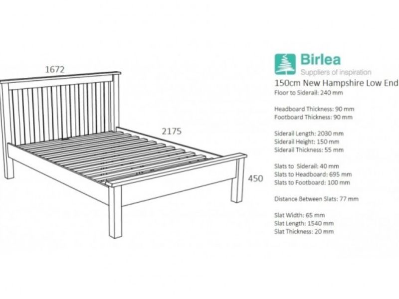 Birlea New Hampshire 5ft Kingsize Grey Wooden Bed Frame With Low Footend