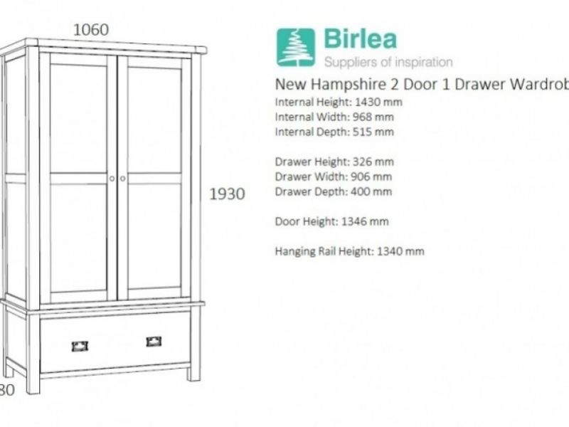 Birlea New Hampshire Grey 2 Door 1 Drawer Wardrobe