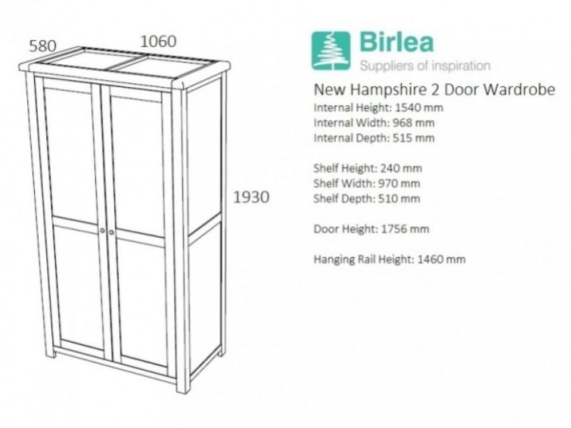 Birlea New Hampshire Grey 2 Door Wardrobe