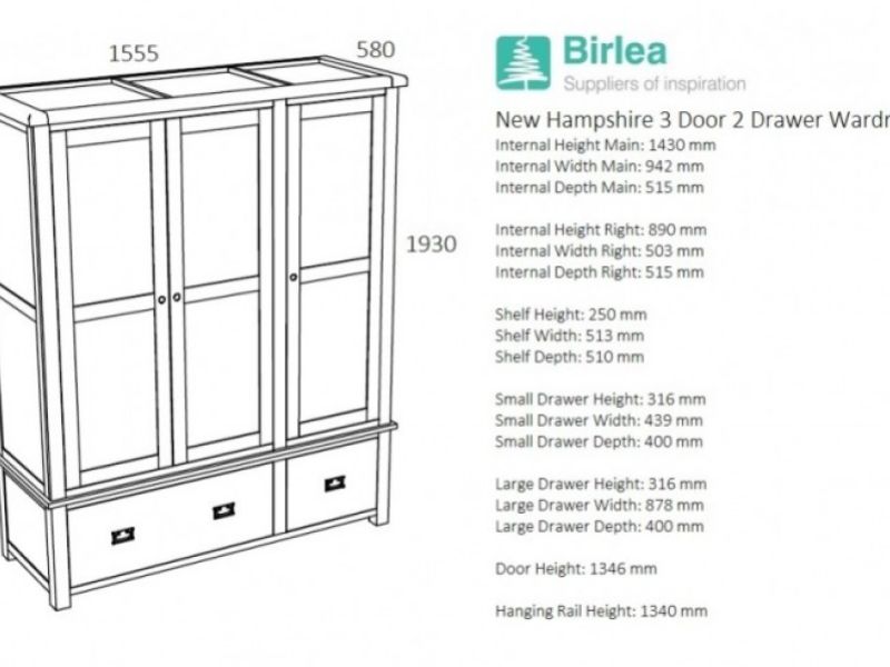 Birlea New Hampshire Grey 3 Door 2 Drawer Wardrobe