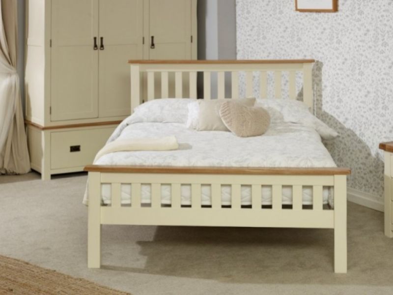 Birlea New Hampshire 4ft6 Double Cream And Oak Wooden Bed Frame With High Footend