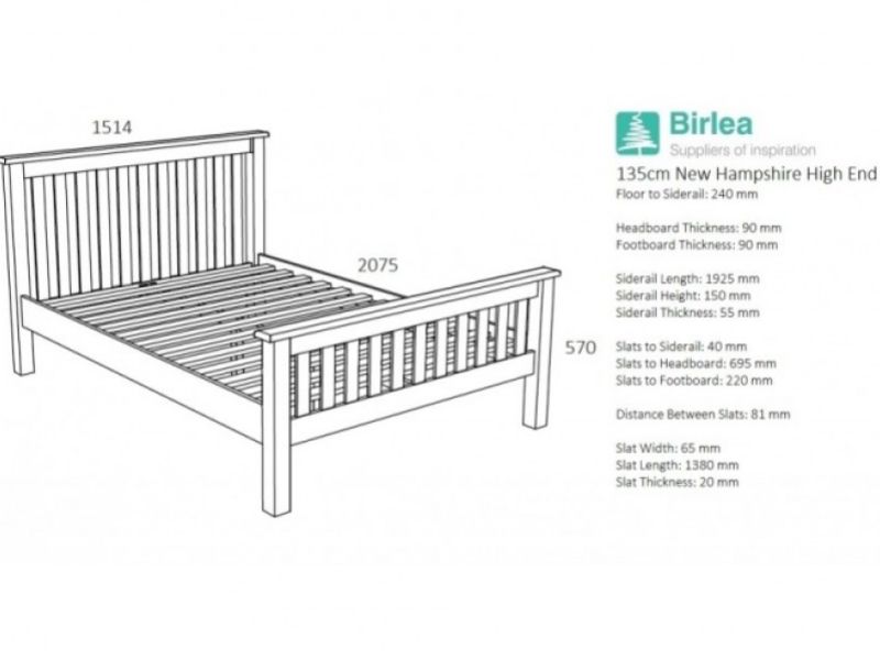 Birlea New Hampshire 4ft6 Double Cream And Oak Wooden Bed Frame With High Footend