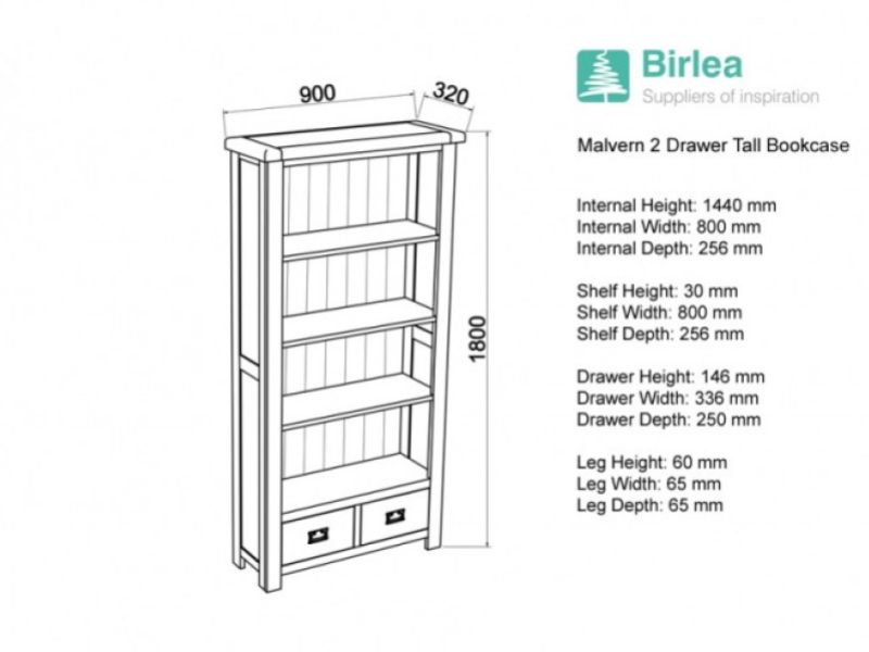 Birlea Malvern Oak 2 Drawer Tall Bookcase
