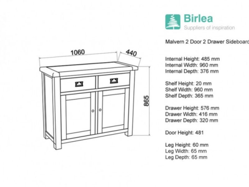 Birlea Malvern Oak 2 Drawer 2 Door Sideboard