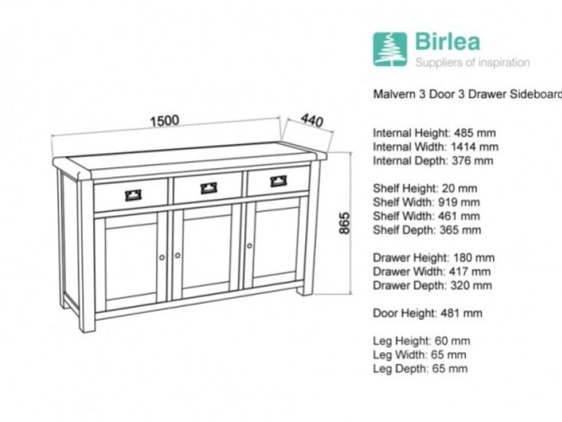 Birlea Malvern Oak 3 Drawer 3 Door Sideboard
