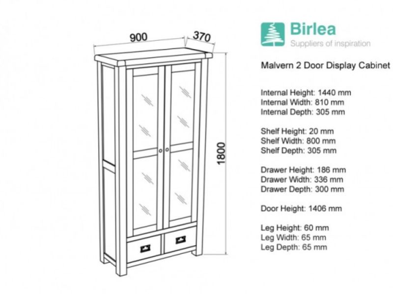 Birlea Malvern 2 Drawer Display Cabinet