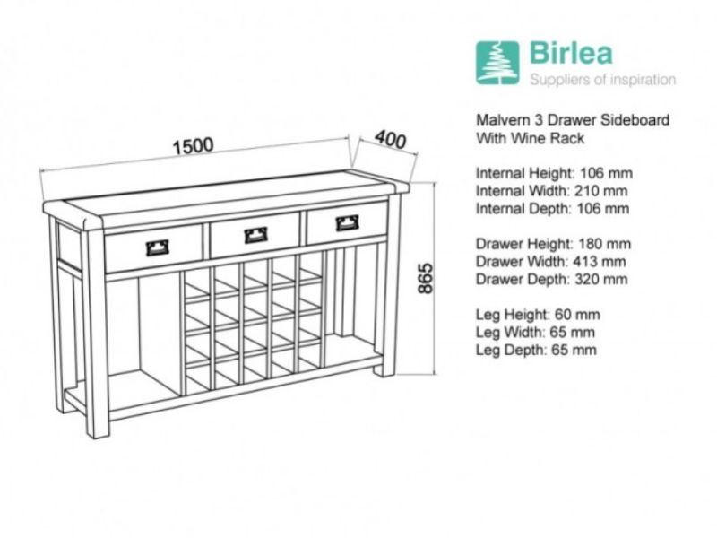 Birlea Malvern Oak 3 Drawer Sideboard With Wine Rack