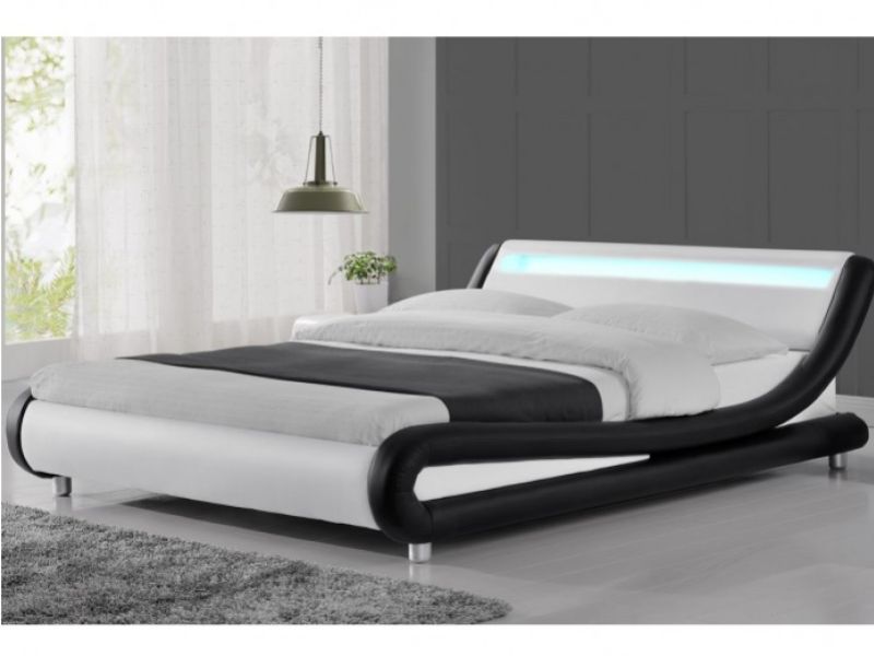 Sleep Design Barcelona 5ft Kingsize Black And White Faux Leather Bed Frame With Led Lights By Sleep Design Barcelona 5ft Kingsize, King Size White Faux Leather Bed