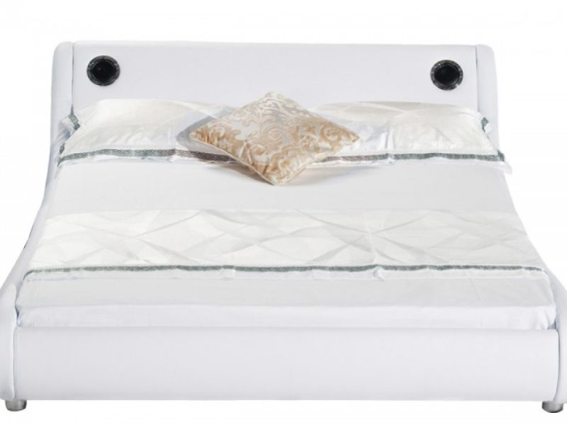Sleep Design Madrid 5ft Kingsize White Faux Leather Bed Frame With Bluetooth Speakers