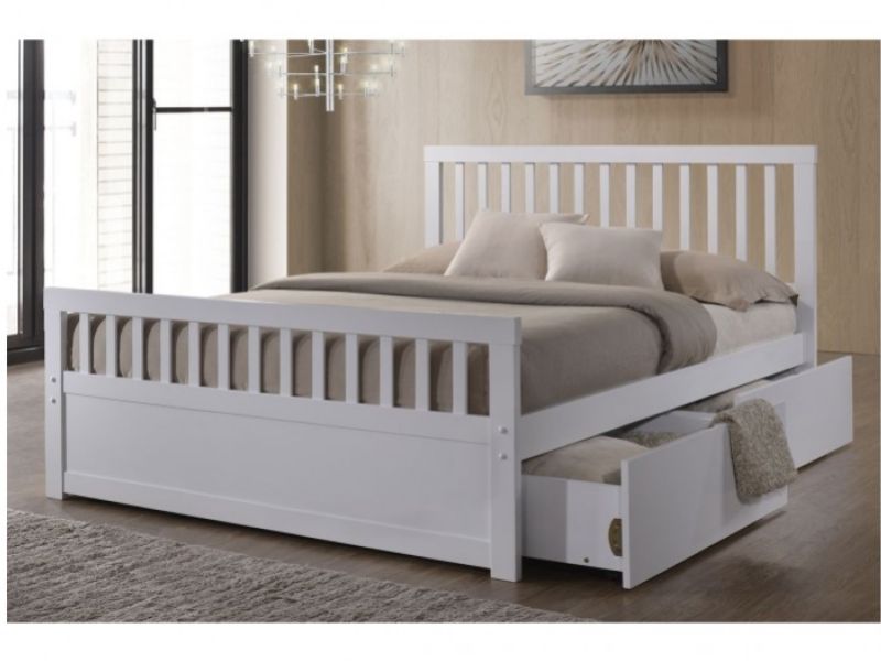White Wooden Storage Bed Frame, Wooden Double Beds With Drawers Underneath