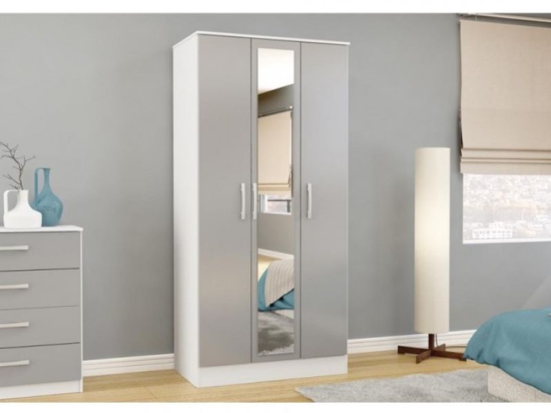 Birlea Lynx Grey with White Gloss 3 Door Wardrobe with Mirror