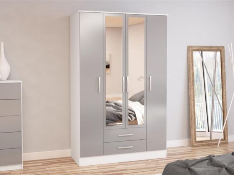 Birlea Lynx White With Grey Gloss 4 Door 2 Drawer Wardrobe With Centre Mirrors