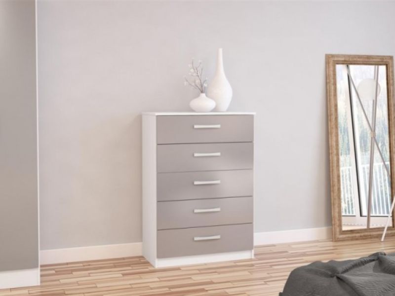 Birlea Lynx White With Grey Gloss 5 Drawer Chest of Drawers