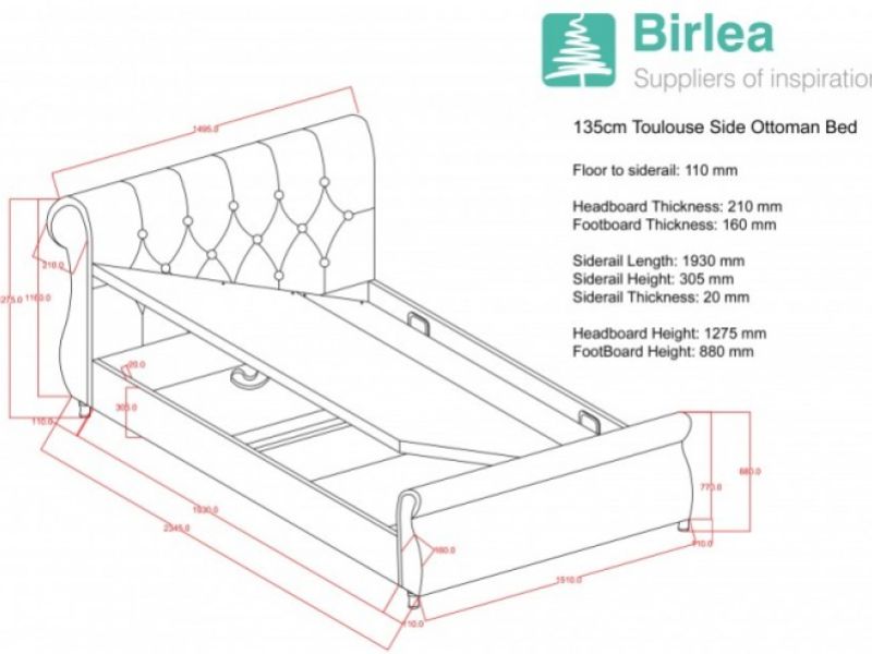 Birlea Toulouse 4ft6 Double Black Fabric Ottoman Bed Frame