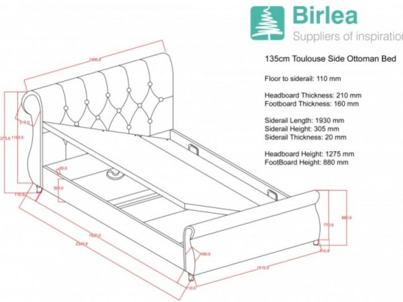 Birlea Toulouse 4ft6 Double Steel Fabric Ottoman Bed Frame