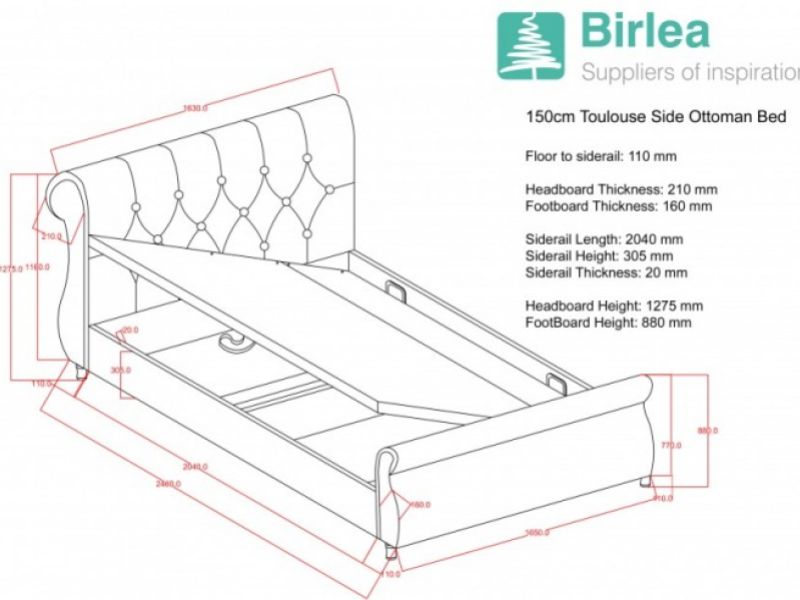 Birlea Toulouse 5ft Kingsize Steel Fabric Ottoman Bed Frame