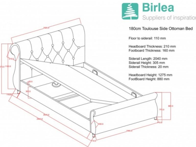 Birlea Toulouse 6ft Super Kingsize Steel Fabric Ottoman Bed Frame