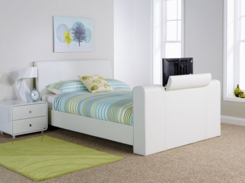 GFW Brooklyn 4ft6 Double White Faux Leather TV Bed Frame