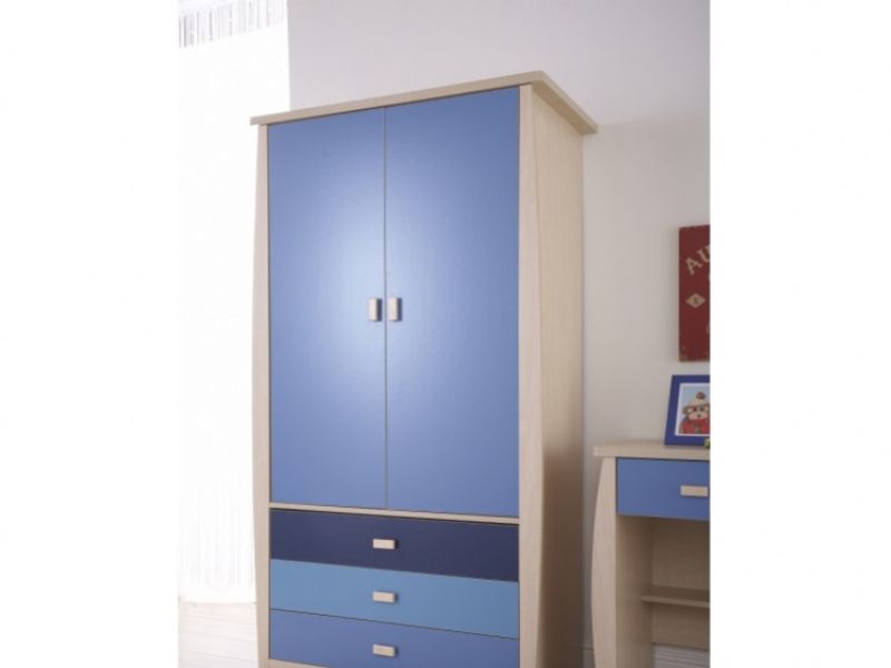 GFW Sydney Wardrobe with 2 Doors and 3 Drawers with Blue Detailing