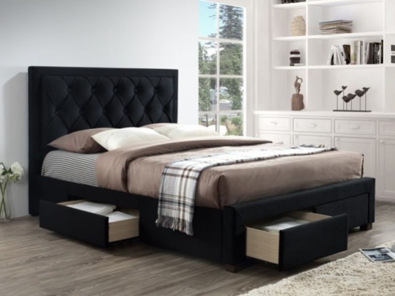 Birlea Woodbury 4ft6 Double Black Velvet Fabric Bed Frame With 4 Drawers