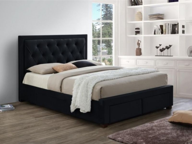 Birlea Woodbury 4ft6 Double Black Velvet Fabric Bed Frame With 4 Drawers