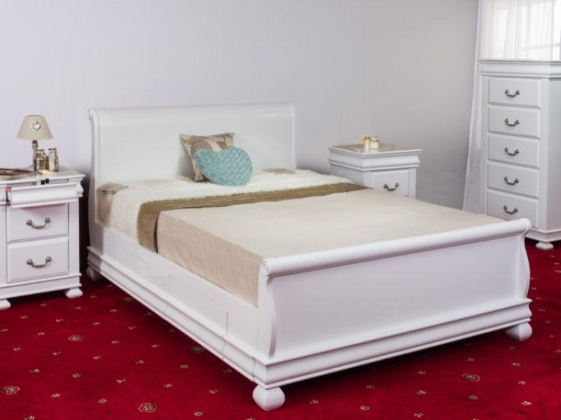 Sweet Dreams Storm 4ft6 Double White Wooden Sleigh Bed Frame With Drawers