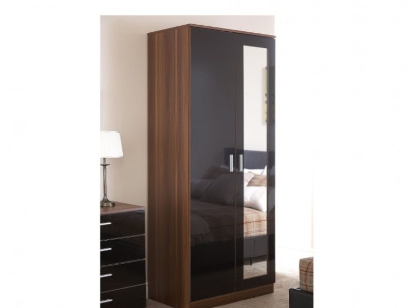 GFW Ottawa 2 Door Wardrobe with Mirror in Walnut and Black Gloss