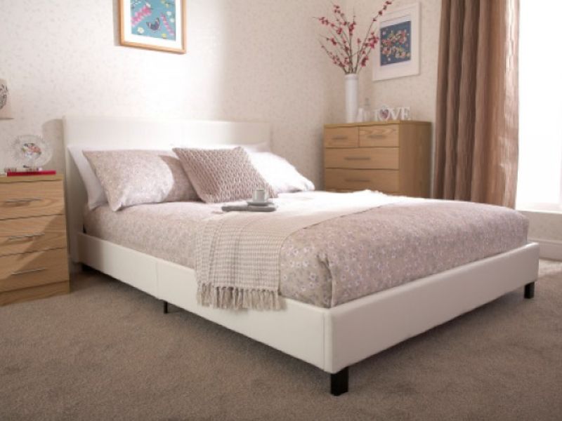 GFW Bed In A Box 4ft Small Double White Faux Leather Bed Frame