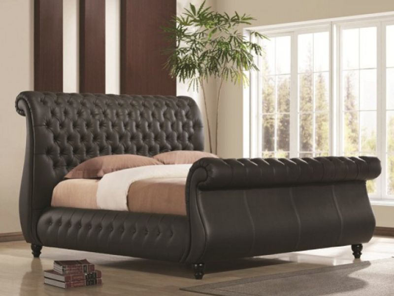 5ft Kingsize Real Leather Bed Frame, King Size Brown Leather Sleigh Bed