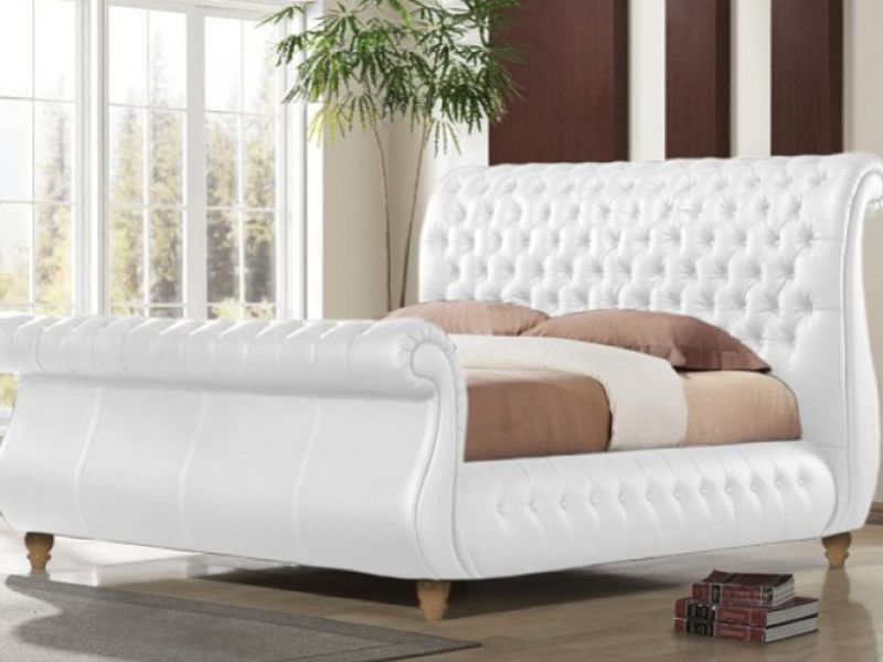 Time Living Swan White 5ft Kingsize REAL LEATHER Bed Frame