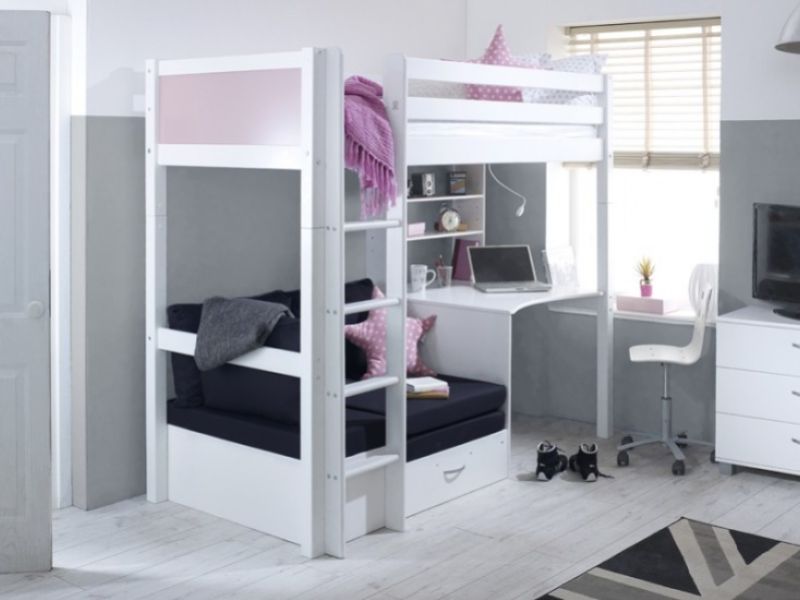 Thuka Nordic Highsleeper Bed 3 With Rose Colour End Panels, Desk And Black Sofabed