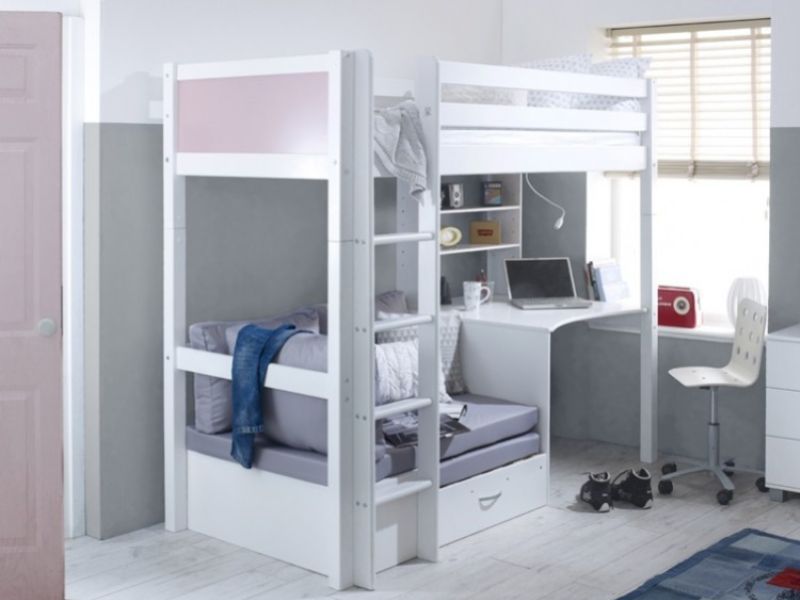 Thuka Nordic Highsleeper Bed 3 With Rose Colour End Panels, Desk And Silver Sofabed