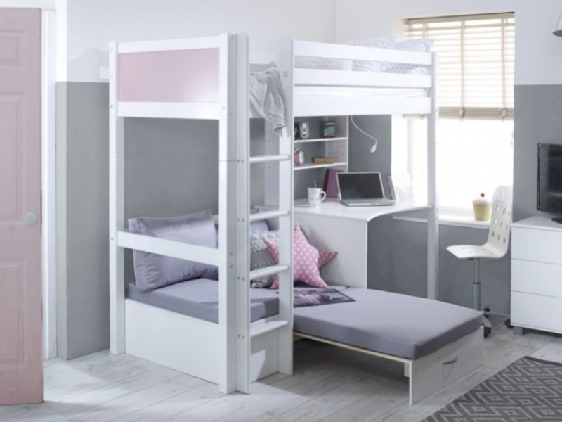 Thuka Nordic Highsleeper Bed 3 With Rose Colour End Panels, Desk And Silver Sofabed