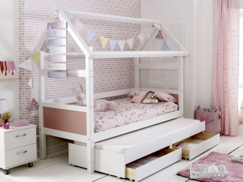 Thuka Nordic Playhouse Bed 2 With Rose Pink End Panels And Trundle Bed With Drawers