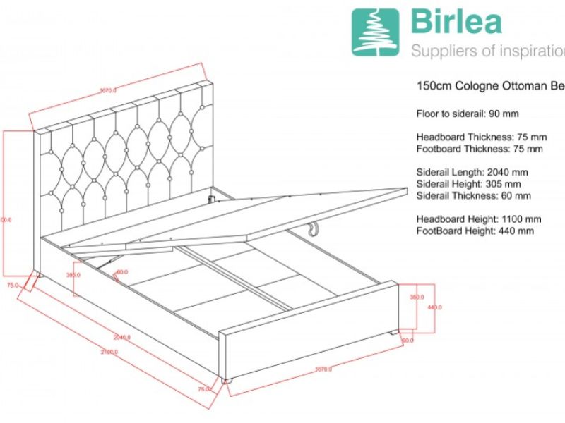 Birlea Cologne 5ft Kingsize Steel Fabric Ottoman Bed Frame