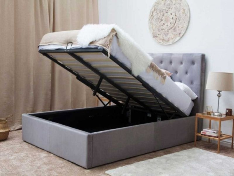 Sleep Design Eltham 4ft6 Double Grey Velvet Fabric Ottoman Bed Frame