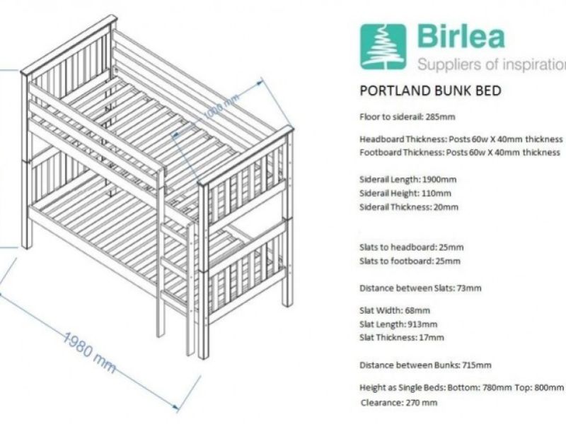 Birlea Portland 3ft Single Wooden Pine Bunk Bed In White