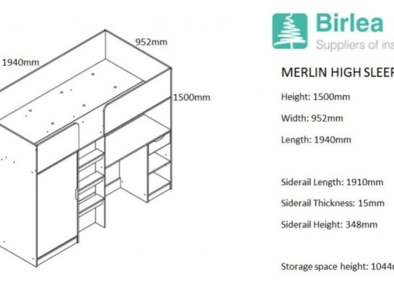 Birlea Merlin High Sleeper Bed White And Light Oak