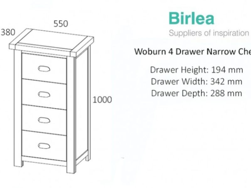 Birlea Woburn Oak 4 Drawer Narrow Chest