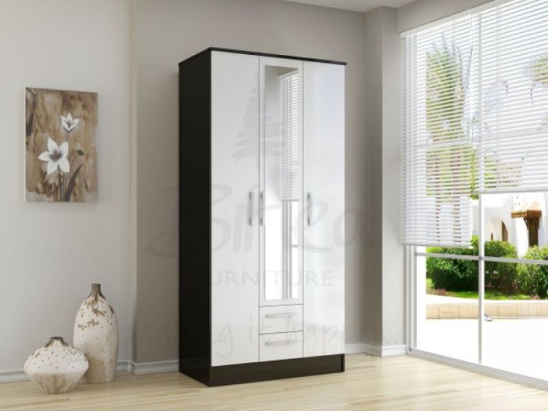 Birlea Lynx Black with White Gloss 3 Door 2 Drawer Wardrobe with Centre Mirror