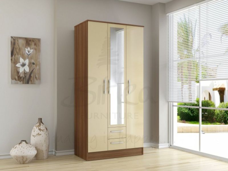 Birlea Lynx Walnut with Cream Gloss 3 Door 2 Drawer Wardrobe with Center Mirror